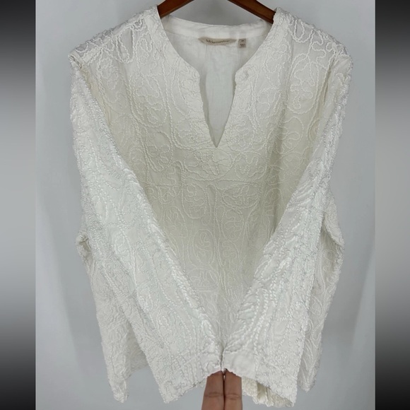 Soft Surroundings Split Neck Top 2X White Embroidered Lined Boho Peasant Career - Picture 10 of 14